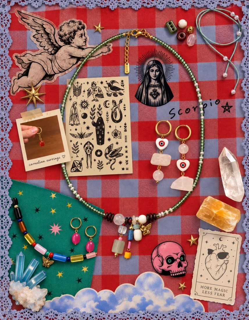 Collage of Oh, Oggie! pieces with a cherub, crystals and red gingham