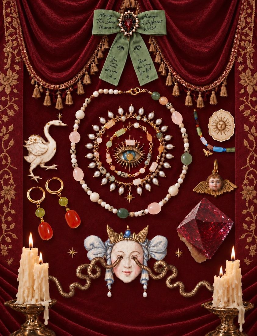 Velvet altar of Oh, Oggie! jewellery with candles, a cherub and a masked face